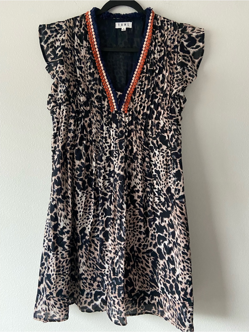 THML | Animal Leopard Print Ruffle Sleeve Embroidered Boho Dress Size S